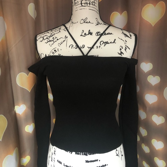 Off shoulder knit top black sexy strap thin sweater - Picture 6 of 7